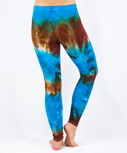 Blue and copper tie dye leggings by Akasha Sun.