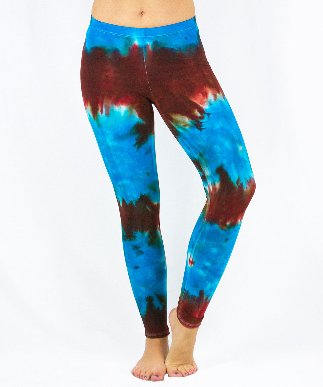 Blue and copper tie dye leggings by Akasha Sun.