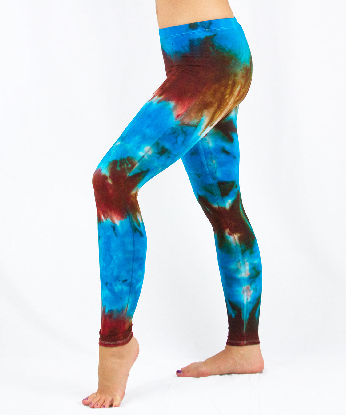 Blue and copper tie dye leggings by Akasha Sun.