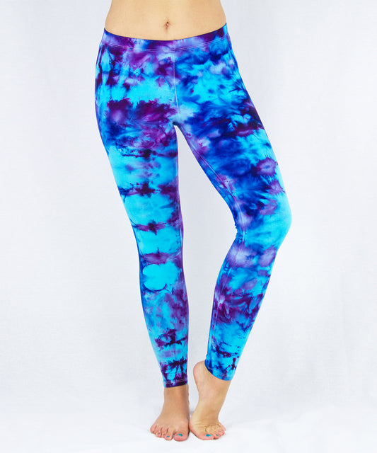 Blue and purple ice dye yoga leggings by Akasha Sun.