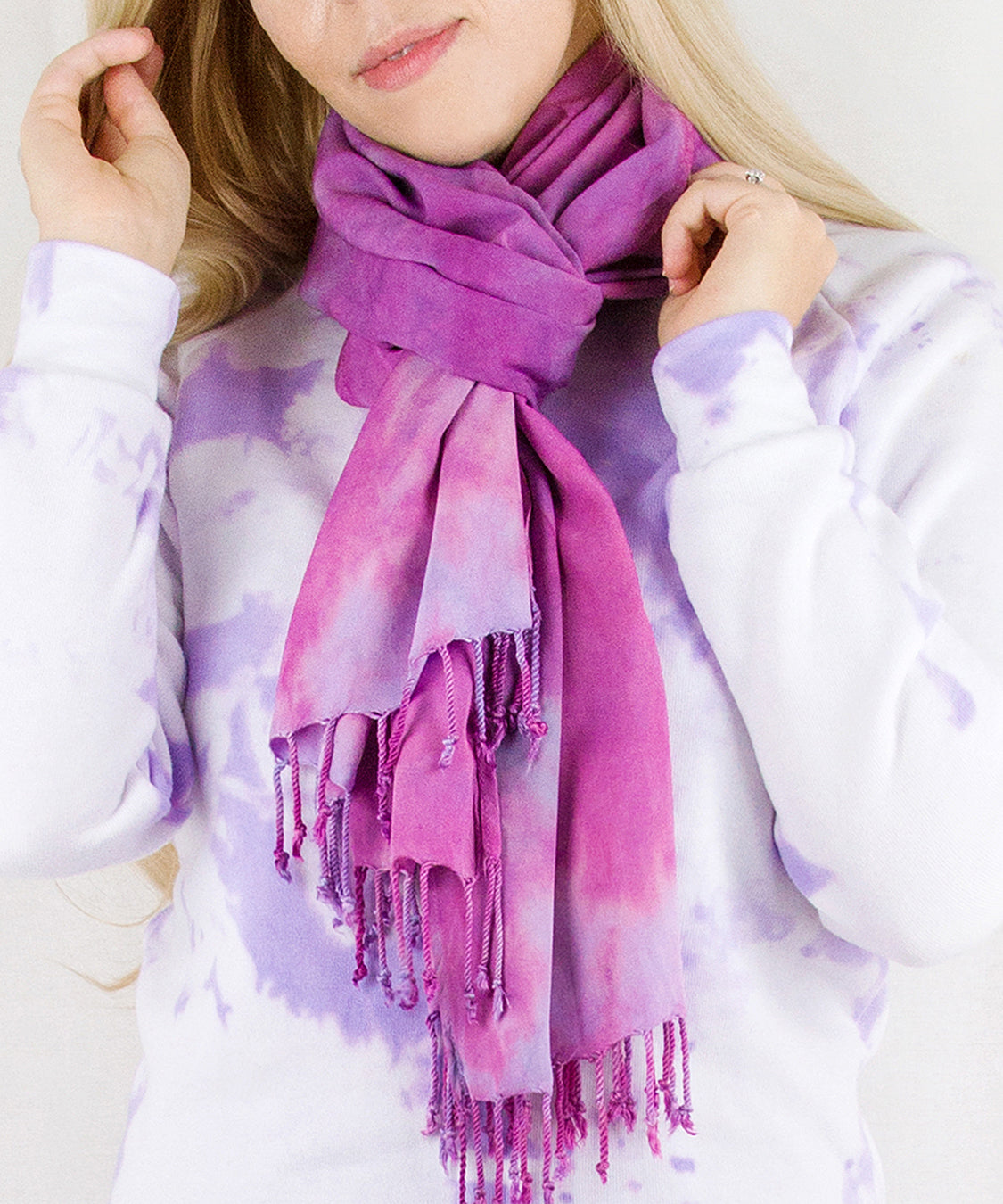 Pink rose quartz tie dye scarf by Akasha Sun.