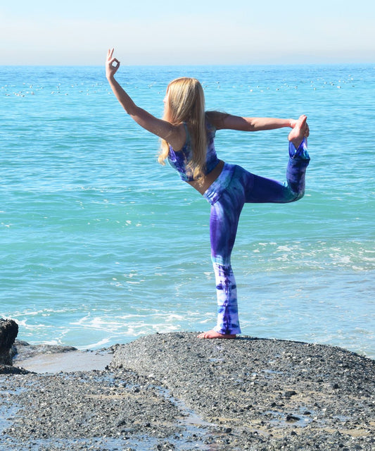 Purple tie dye yoga pants with wide waistband by Akasha Sun.