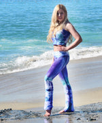 Purple tie dye yoga pants with wide waistband by Akasha Sun.