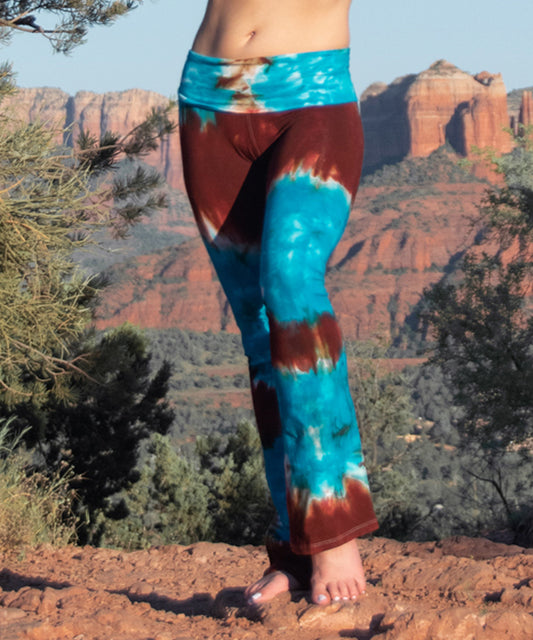 Teal and brown tie dye yoga pants with a fold over waistband by Akasha Sun.