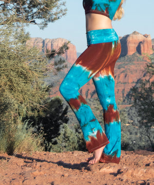 Teal and brown tie dye yoga pants with a fold over waistband by Akasha Sun.