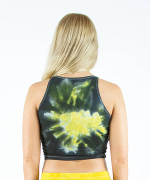 
                
                    Load image into Gallery viewer, Woman wearing an Akasha Sun yellow chakra tie dye crop top in the colors black and yellow.
                
            