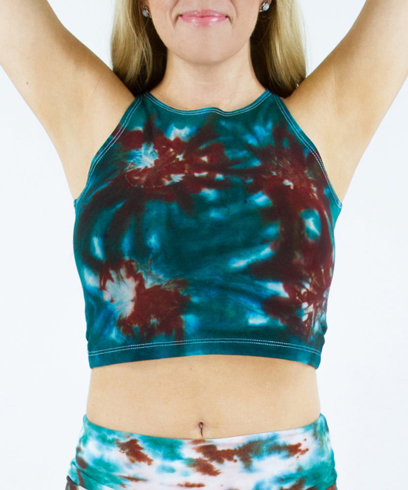 
                
                    Load image into Gallery viewer, Teal and brown tie dye crop top by Akasha Sun.
                
            