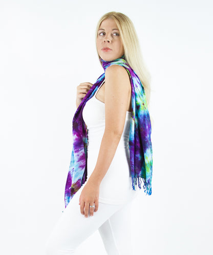 Purple, blue, and green tie dye scarf with fringe by Akasha Sun.