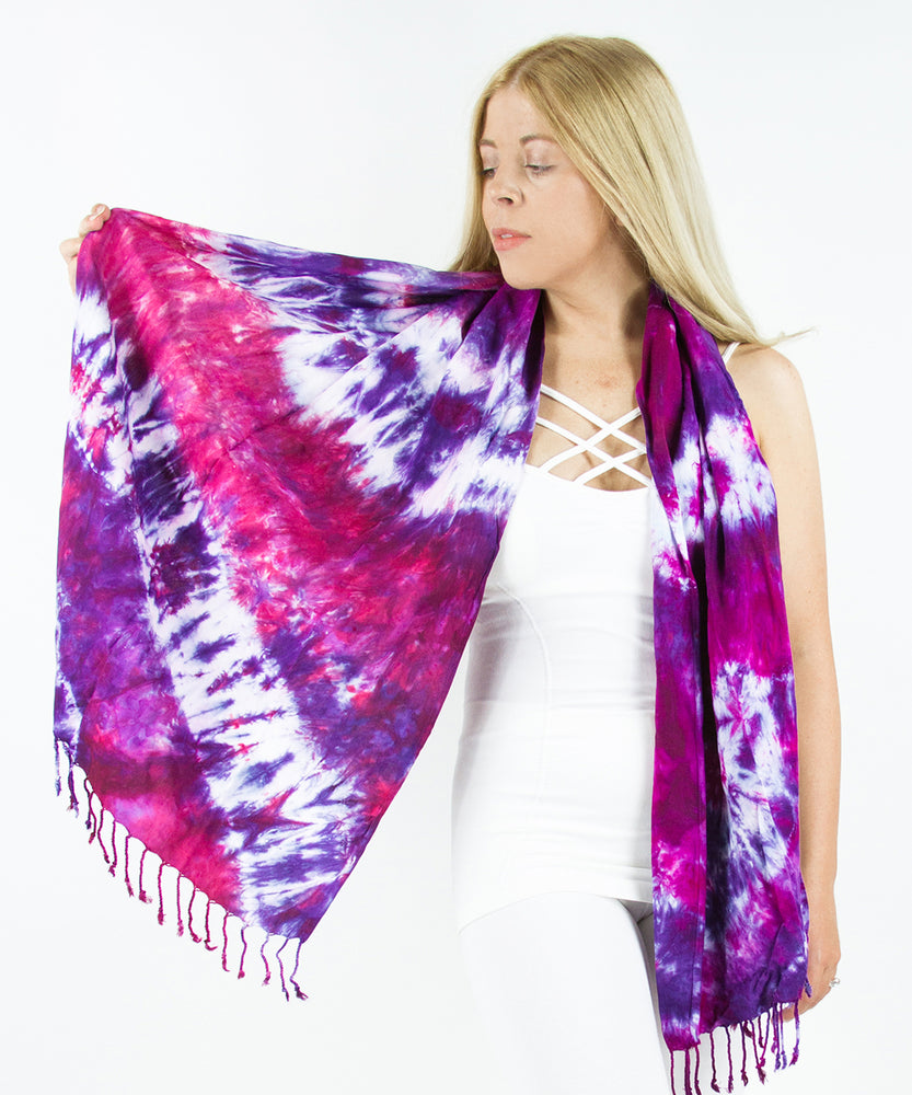 Pink + purple tie dye scarf with fringe by Akasha Sun.
