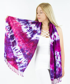 
                
                    Load image into Gallery viewer, Pink + purple tie dye scarf with fringe by Akasha Sun.
                
            