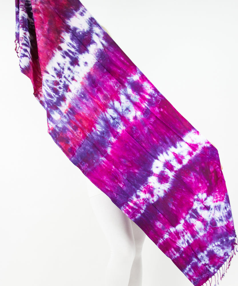 
                
                    Load image into Gallery viewer, Pink + purple tie dye scarf with fringe by Akasha Sun.
                
            