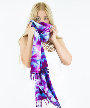 Purple tie dye scarf with fringe by Akasha Sun.