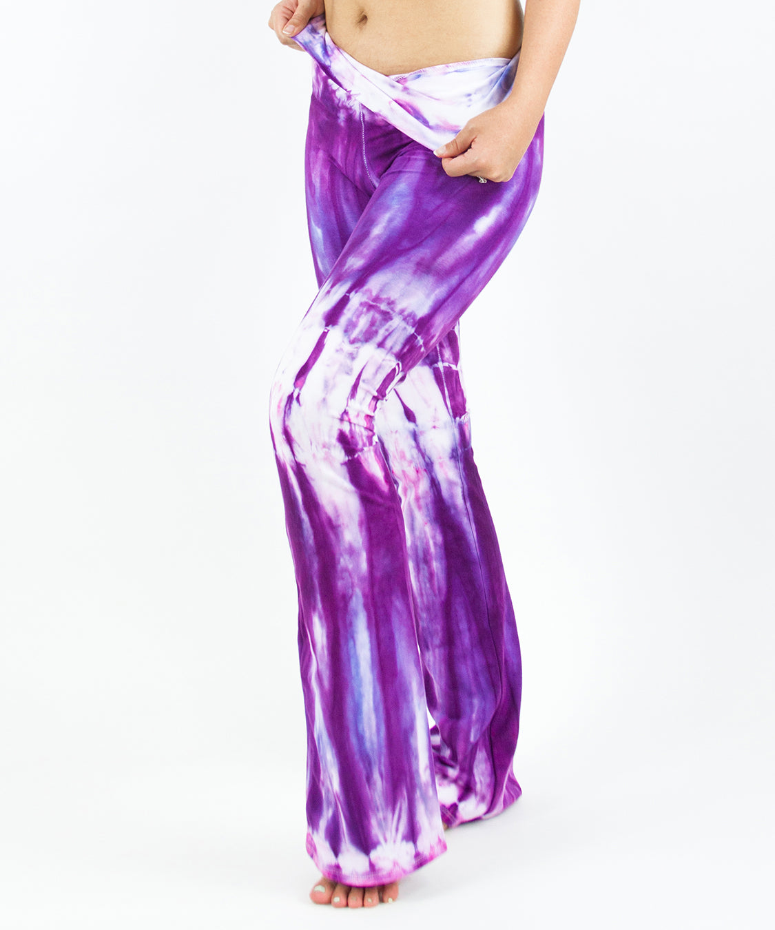 Purple tie dye yoga pants with wide waistband by Akasha Sun.