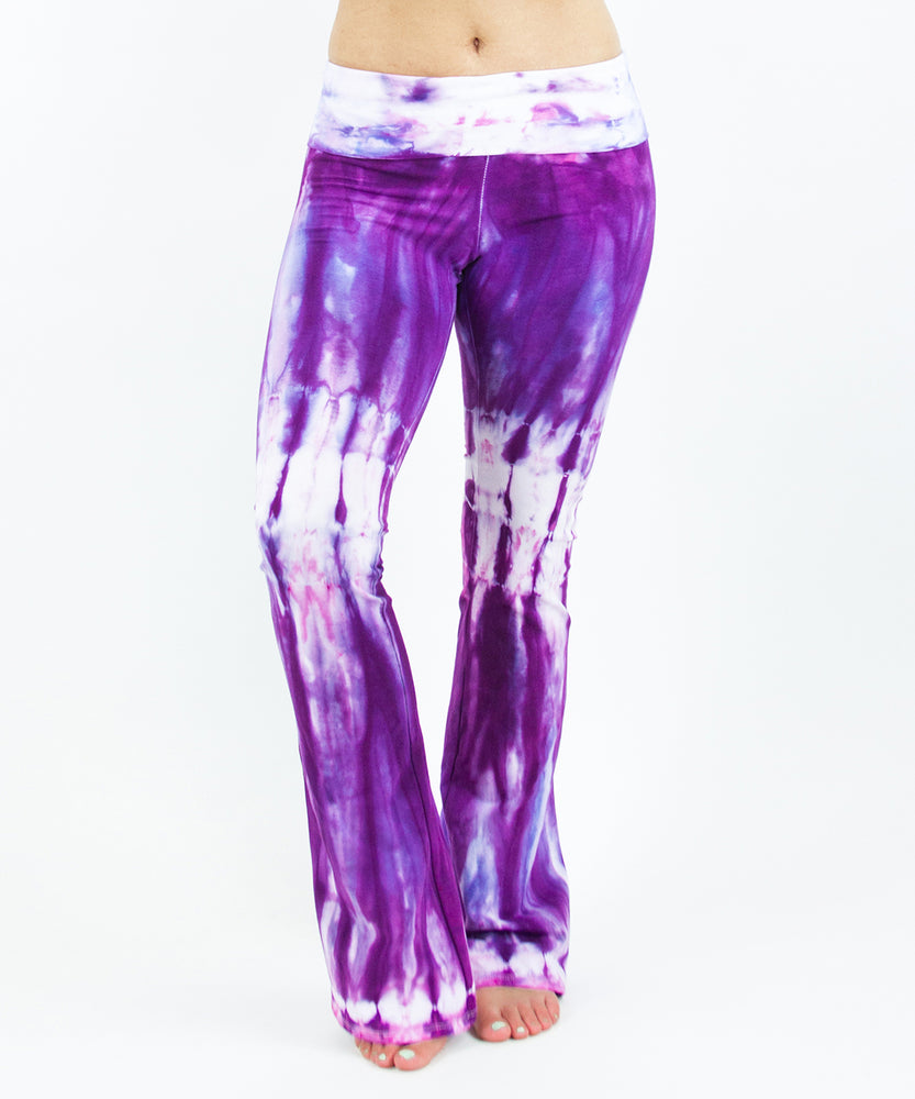 Purple tie dye yoga pants with wide waistband by Akasha Sun.
