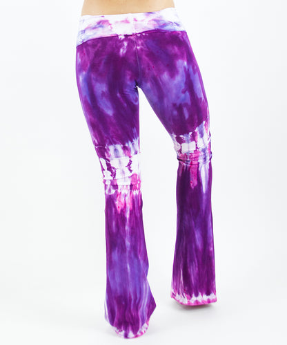 Purple tie dye yoga pants with wide waistband by Akasha Sun.