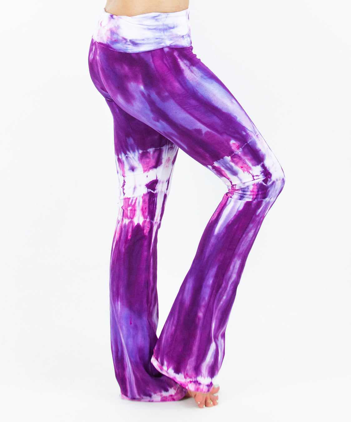 Purple tie dye yoga pants with wide waistband by Akasha Sun.