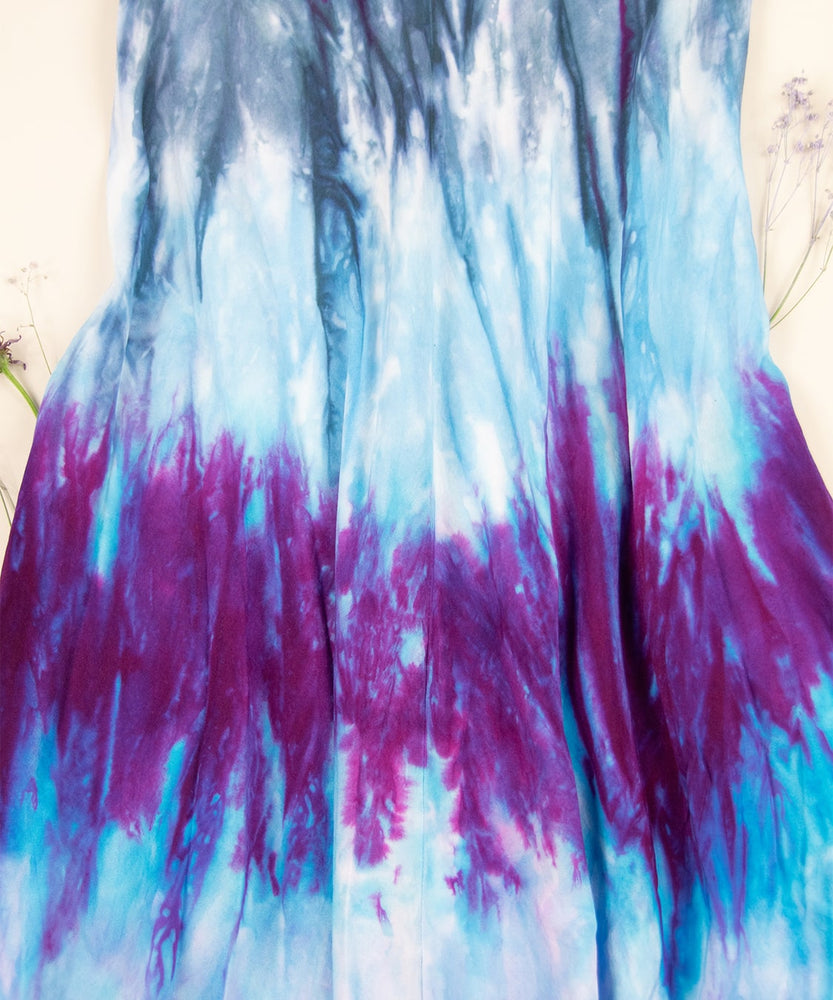 Blue and purple tie dye dress by Akasha Sun.