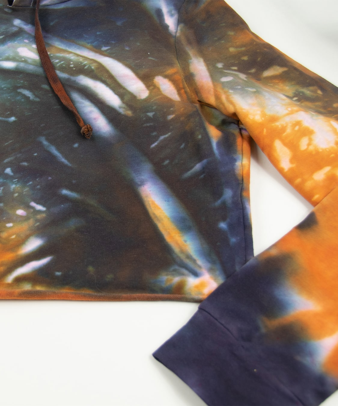 Orange and black tie dye hoodie crop top by Akasha Sun.