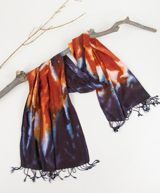 Rust and black tie dye scarf by Akasha Sun.