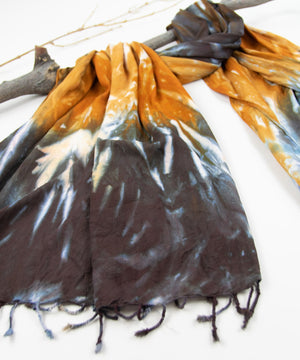 
                
                    Load image into Gallery viewer, Orange and black tie dye scarf by Akasha Sun.
                
            