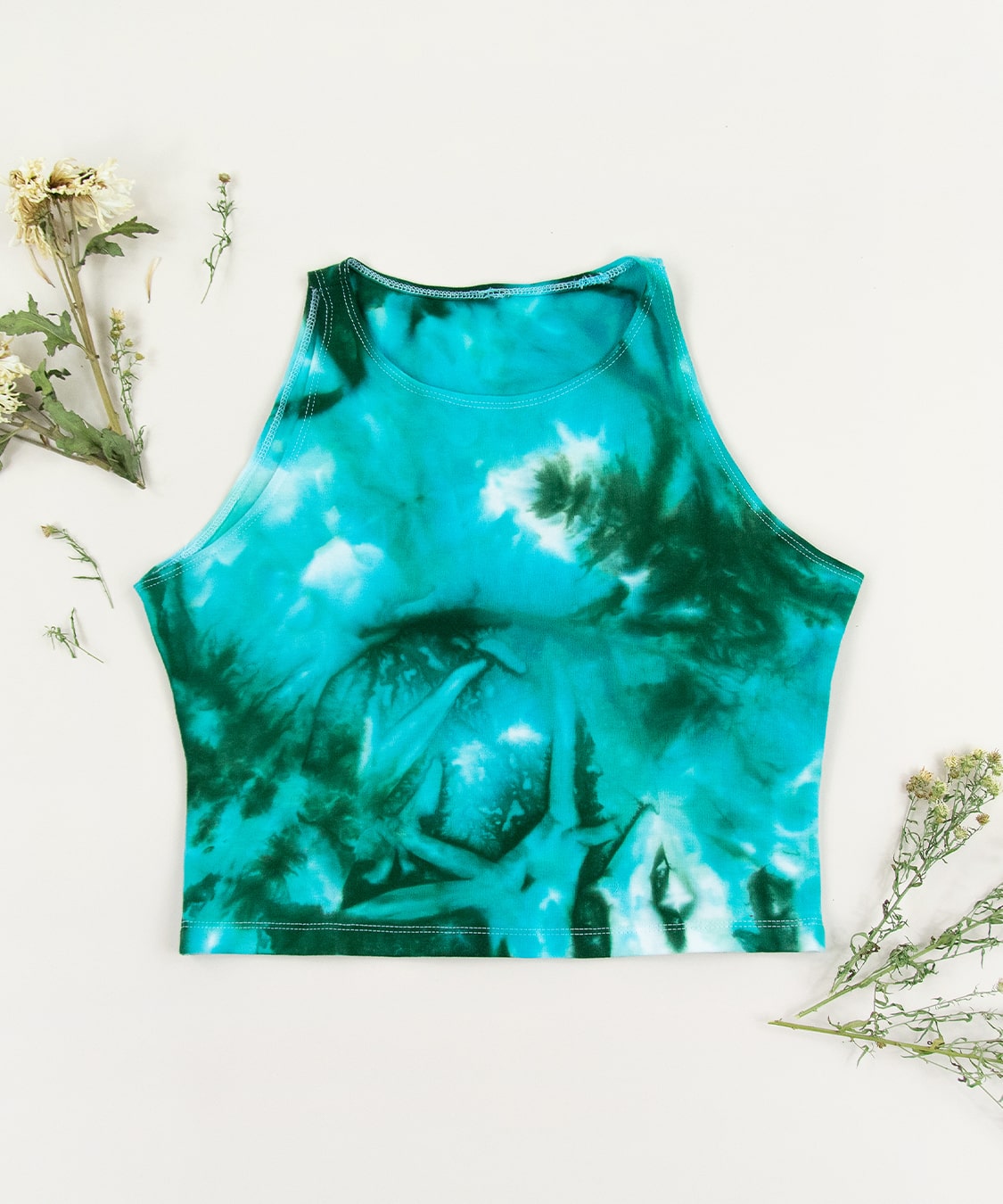 Teal and green tie dye yoga crop top by Akasha Sun.