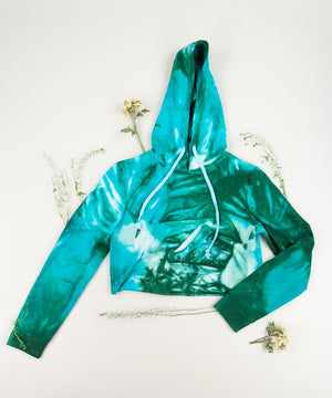 
                
                    Load image into Gallery viewer, Teal and green tie dye hoodie crop top by Akasha Sun.
                
            