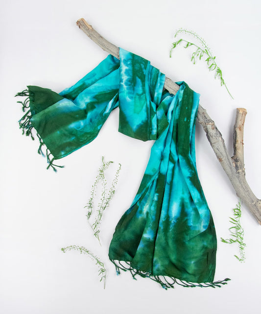 Teal and green tie dye scarf by Akasha Sun.