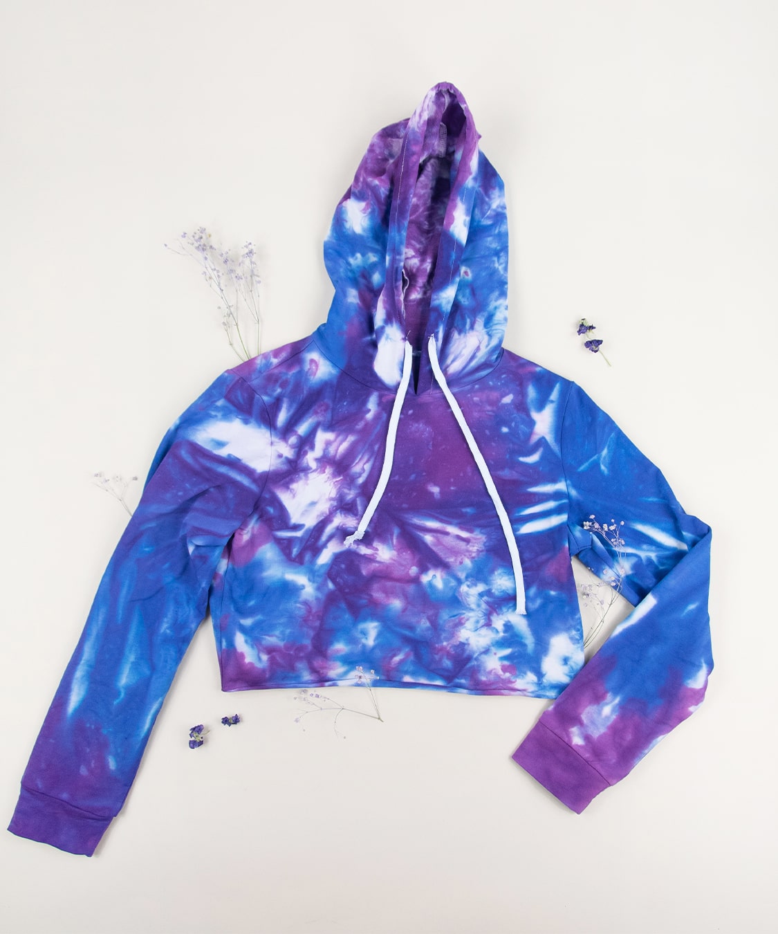 Purple and blue tie dye hoodie crop top by Akasha Sun.