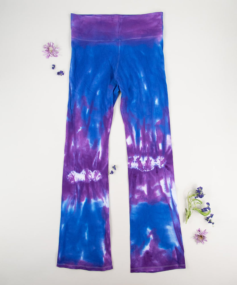 Aphrodite tie dye yoga pants with a wide waistband by Akasha Sun.