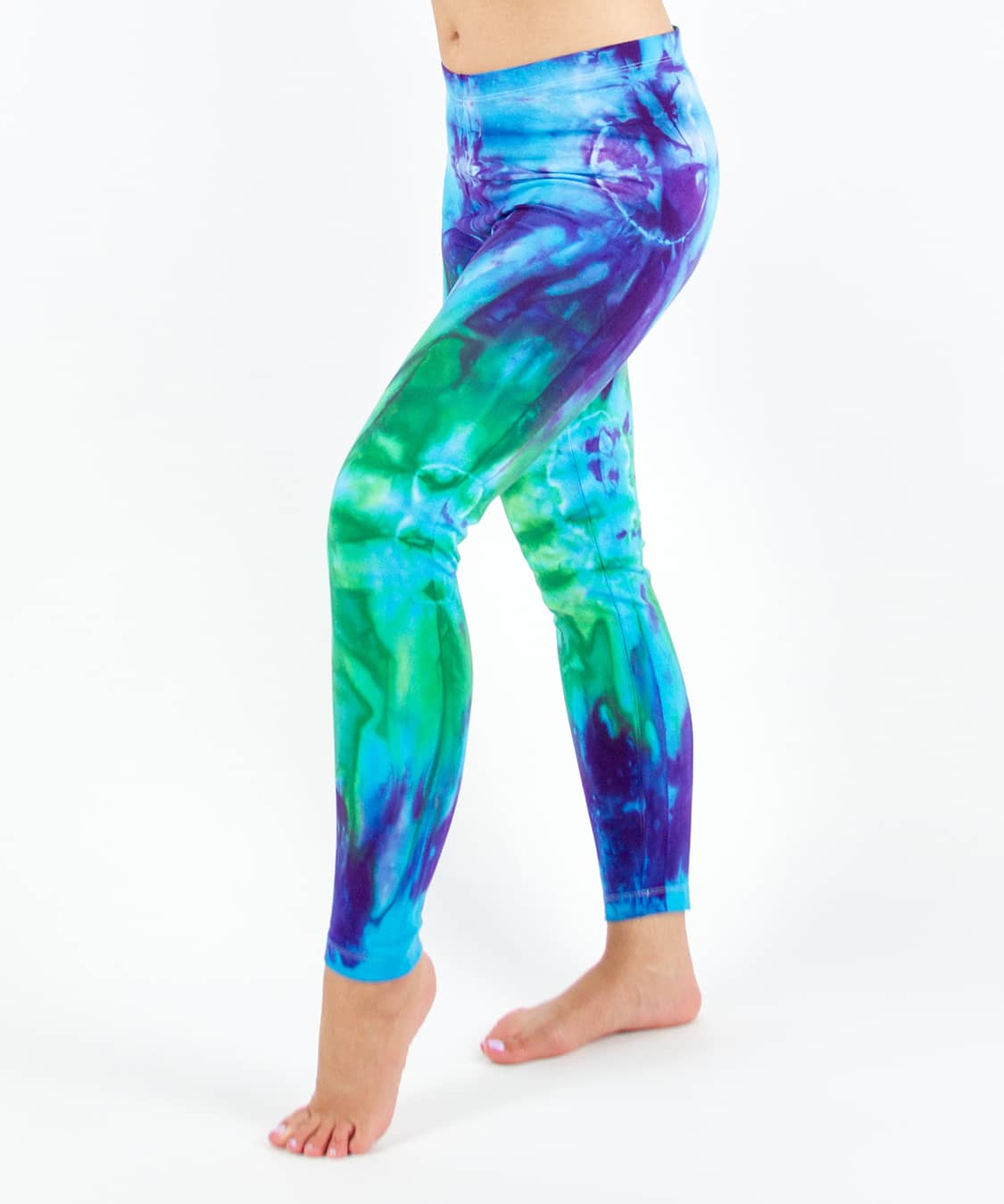 Teal + blue tie dye yoga leggings by Akasha Sun.