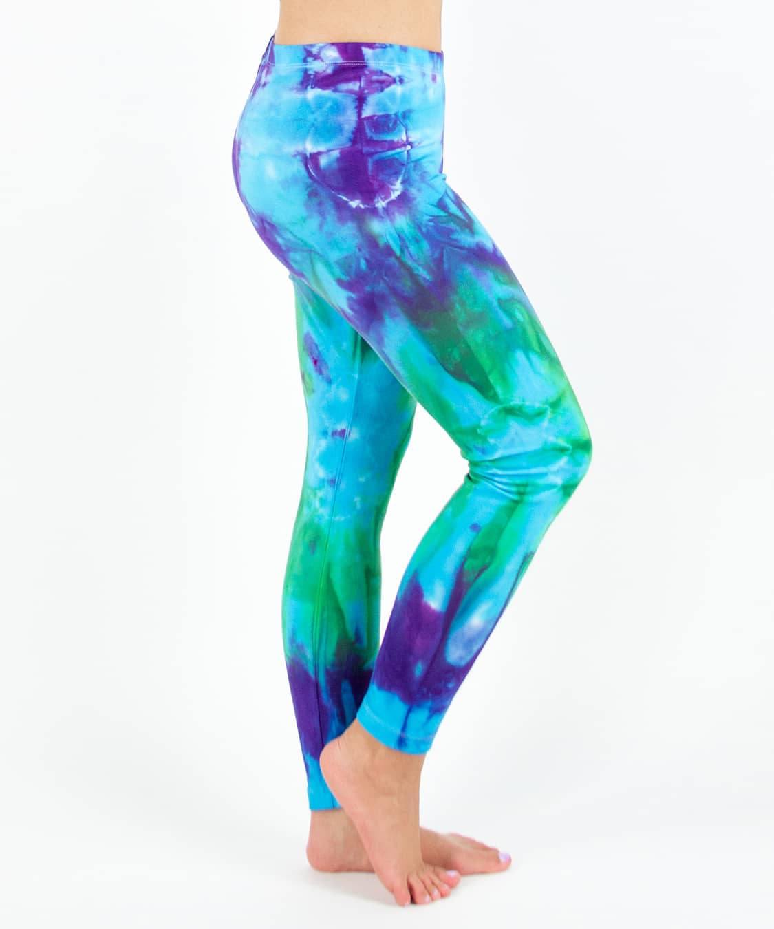 Teal + blue tie dye yoga leggings by Akasha Sun.