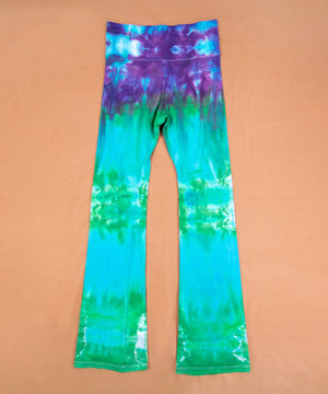Aqua, green, and purple tie dye yoga pants with a wide waistband by Akasha Sun.