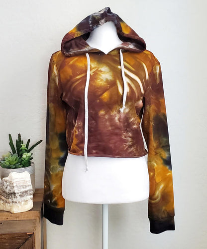 Amber tie dye hoodie crop top with drawstrings and hood.