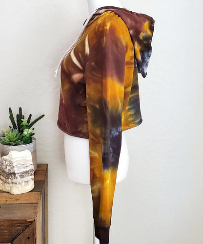 Amber tie dye hoodie crop top with drawstrings and hood.