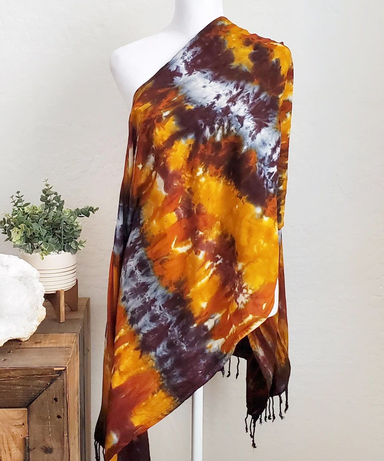 Amber tie dye scarf with fringe.