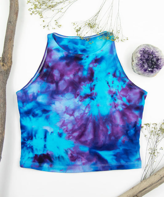 Blueberry + purple tie dye crop top using ice dye methods.