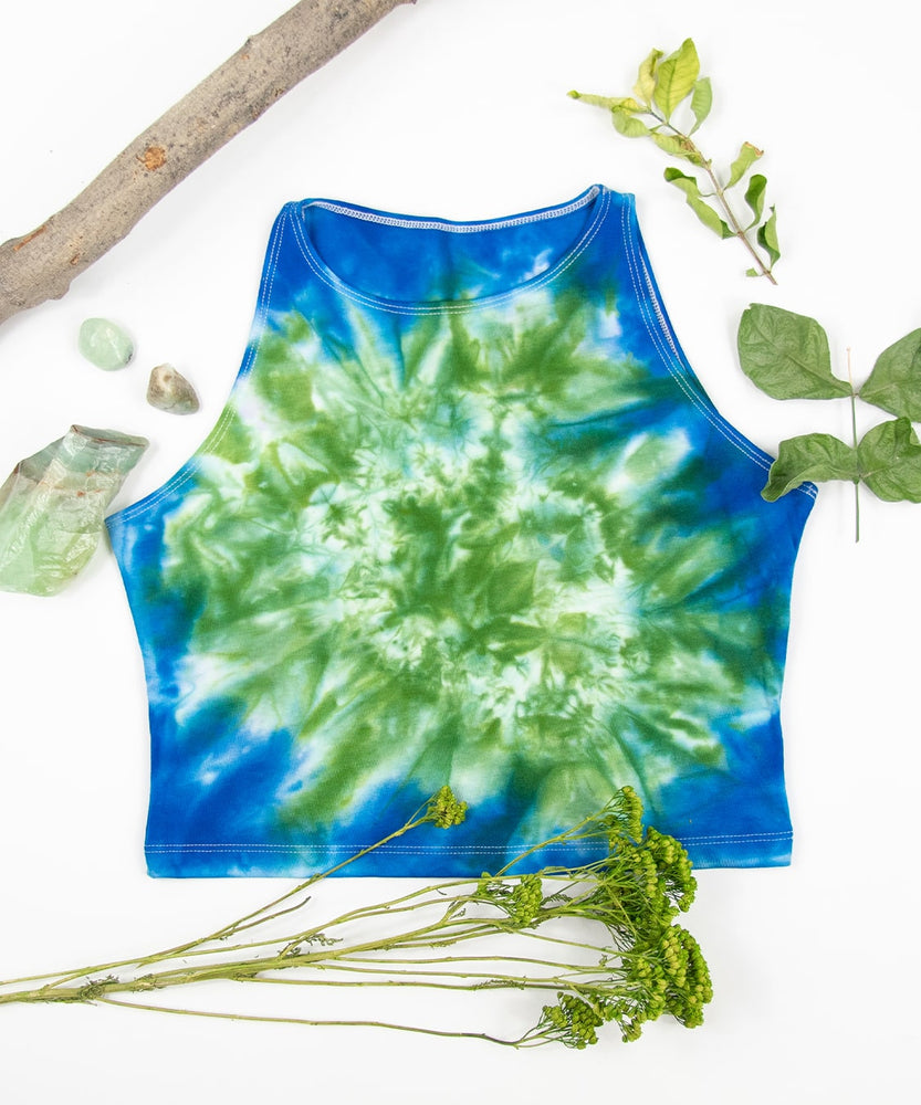 Green + blue tie dye crop top made of sustainable cotton by Akasha Sun.