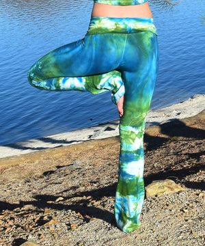 Chrysocolla tie dye yoga pants with a fold-over waistband by Akasha Sun.