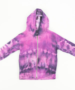 Pink and black tie dye toddler's jacket with a soft fleece interior, hood, pockets, and zipper.