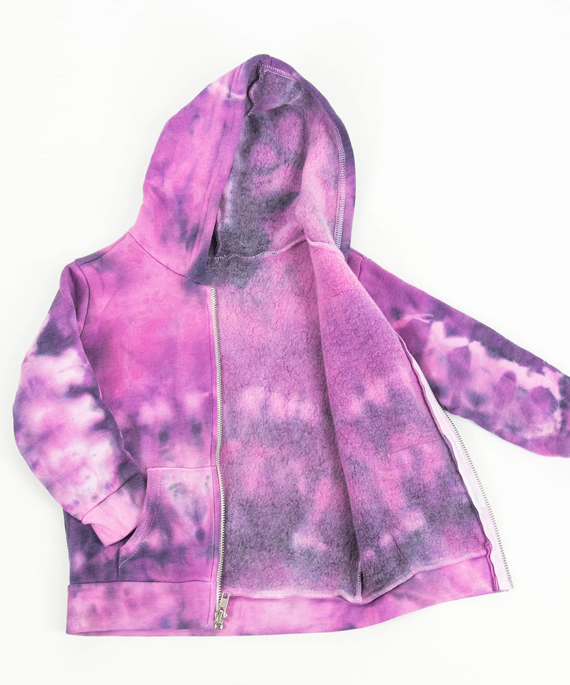 Pink and black tie dye toddler's jacket with a soft fleece interior, hood, pockets, and zipper.
