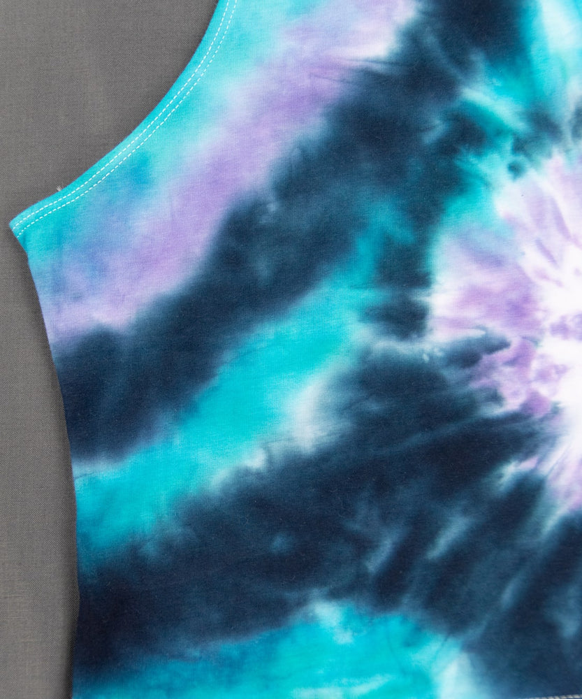 
                
                    Load image into Gallery viewer, Black, teal, and purple tie dye crop top by Akasha Sun.
                
            