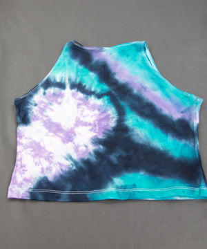 
                
                    Load image into Gallery viewer, Black, teal, and purple tie dye crop top by Akasha Sun.
                
            