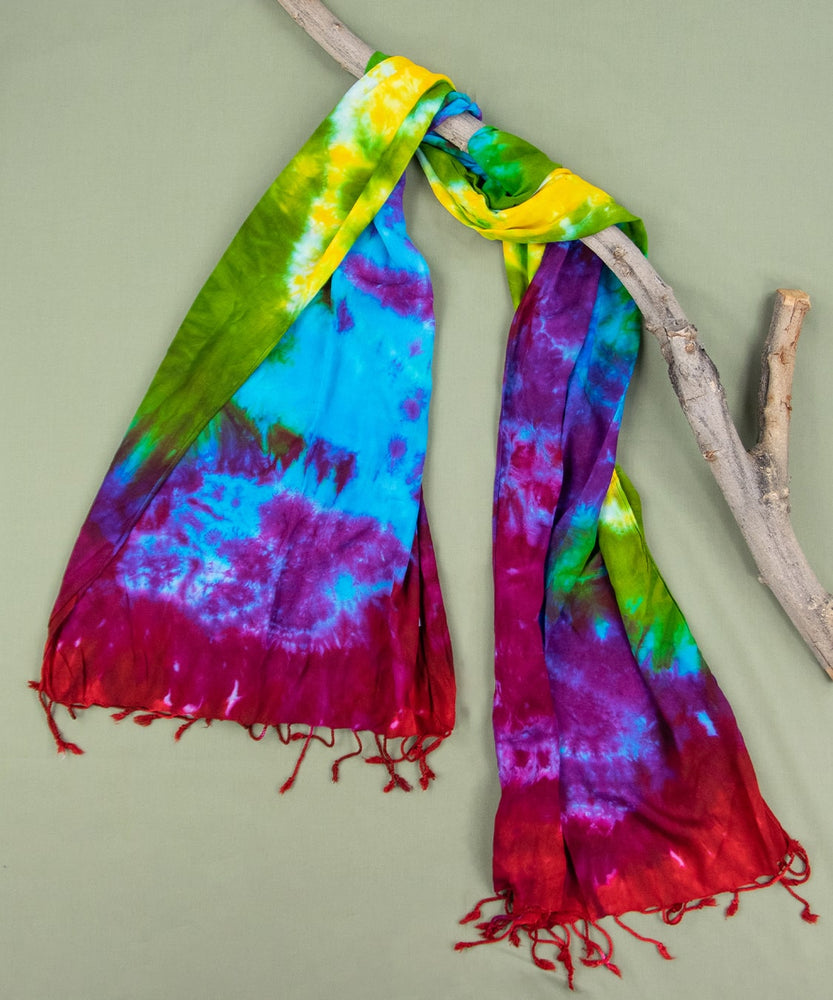 
                
                    Load image into Gallery viewer, Rainbow tie dye scarf with fringe by Akasha Sun.
                
            