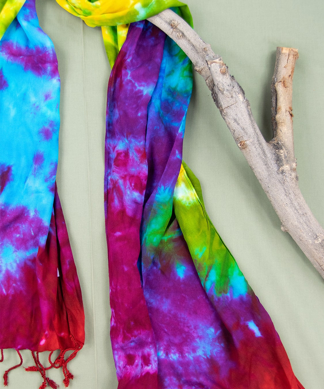 Rainbow tie dye scarf with fringe by Akasha Sun.