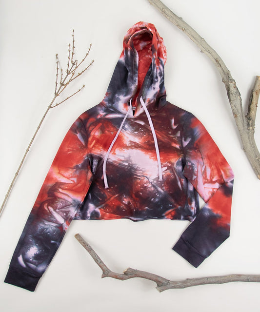 Red and black tie dye hoodie crop top by Akasha Sun.