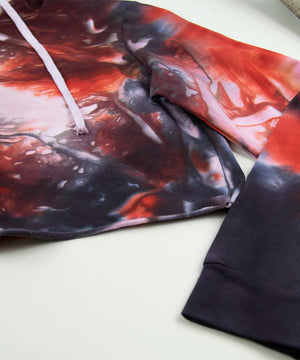 Red and black tie dye hoodie crop top by Akasha Sun.