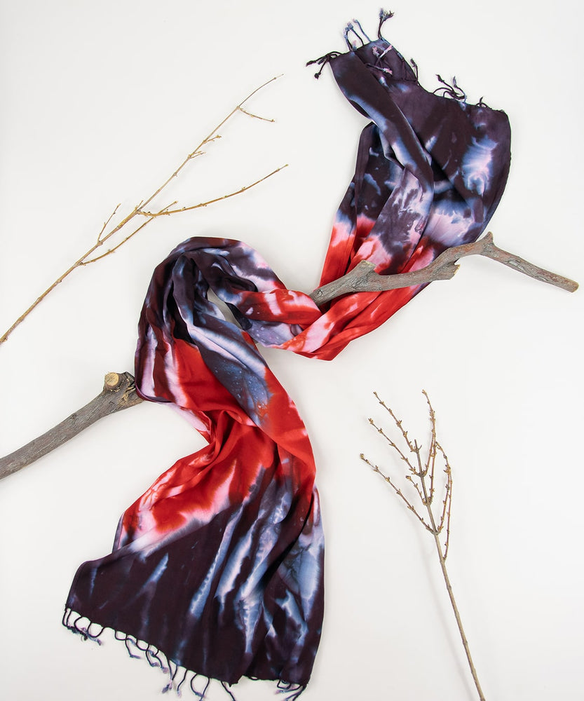 Red and black tie dye scarf by Akasha Sun.