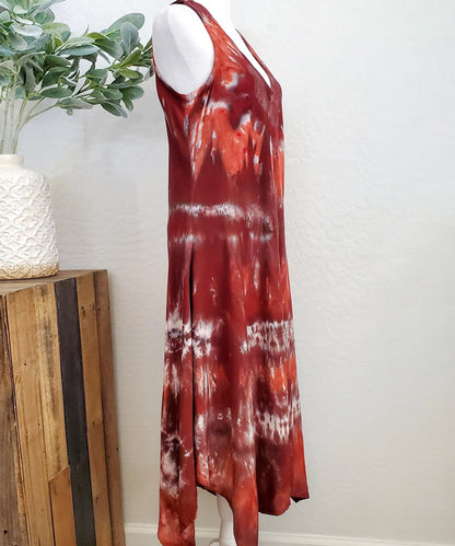 A rust orange and brown tie dye dress.