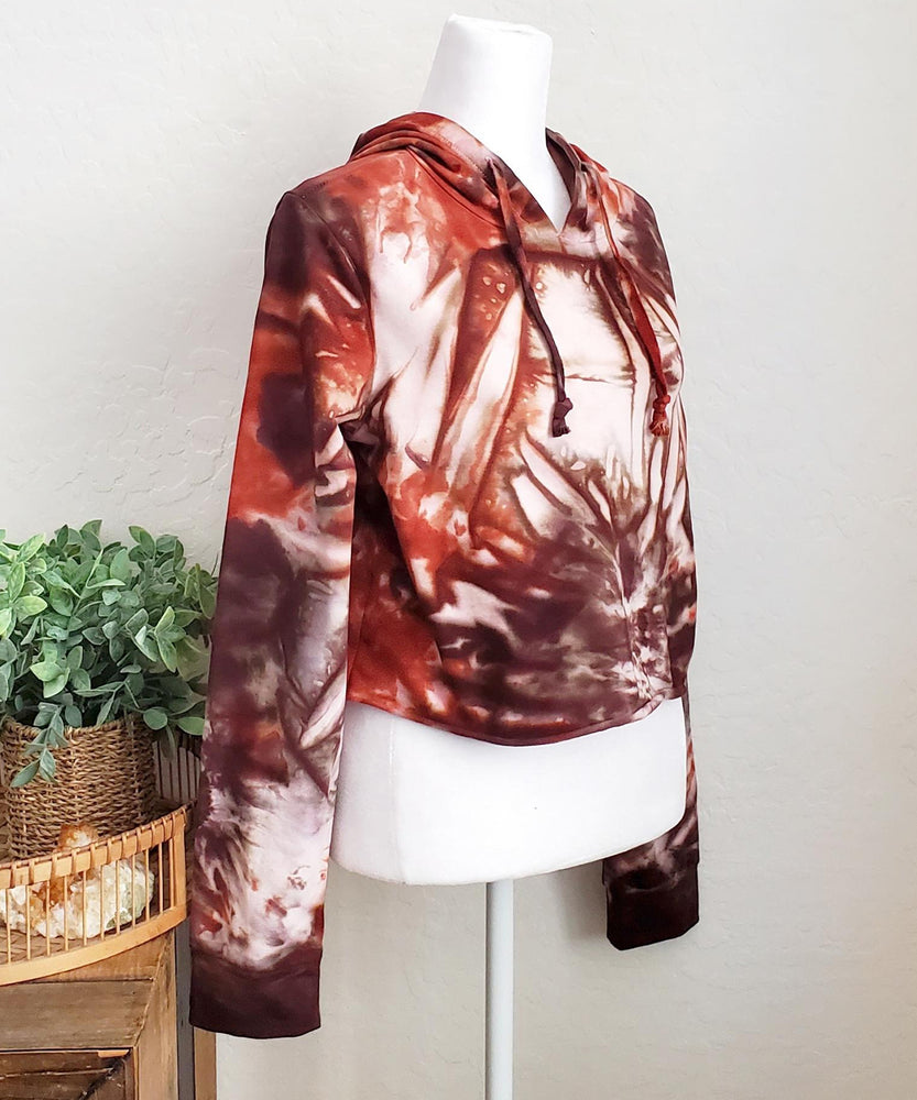 
                
                    Load image into Gallery viewer, Rustic red and brown tie dye hoodie crop top with long sleeves.
                
            