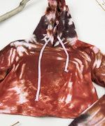 Rust orange + brown tie dye hoodie crop top with hood.